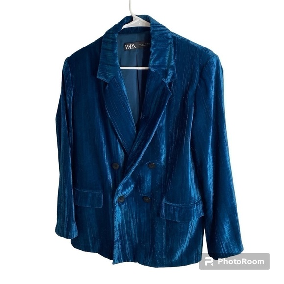 Zara Velvet Blazer Jacket Medium Double Breasted Wrinkled Look Women’s Blue - Picture 1 of 6